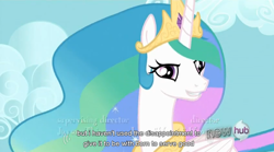 Size: 846x471 | Tagged: safe, edit, edited screencap, screencap, princess celestia, alicorn, pony, keep calm and flutter on, bedroom eyes, caption, hub logo, youtube caption