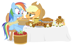 Size: 1075x688 | Tagged: safe, artist:dm29, applejack, rainbow dash, earth pony, pegasus, pony, apple, apple fritter (food), apple juice, apple pie, bondage, bound wings, chair, cupcake, duo, feederjack, feeding, food, force feeding, hilarious in hindsight, mouth hold, pie, rope, simple background, this will end in weight gain, transparent background