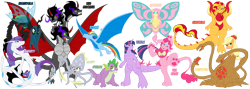 Size: 3360x1200 | Tagged: safe, artist:atomic-chinchilla, applejack, derpy hooves, fluttershy, king sombra, pinkie pie, queen chrysalis, rainbow dash, rarity, spike, sunset shimmer, twilight sparkle, twilight sparkle (alicorn), changeling, changeling queen, kaiju, kaiju pony, pony, unicorn, baragon, biollante, crossover, gezora, godzilla, godzilla (series), kaijufied, king caesar, king ghidorah, manda, mane seven, mane six, megaguirus, mothra, rodan, simple background, spacegodzilla, species swap, transparent background, twizilla