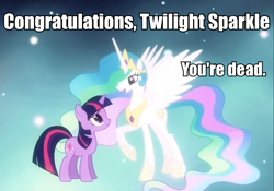 Size: 873x611 | Tagged: safe, edit, edited screencap, screencap, princess celestia, twilight sparkle, unicorn twilight, alicorn, pony, unicorn, magical mystery cure, afterlife, dead, duo, ethereal mane, female, image macro, mare, princess celestia's special princess making dimension, star trek, void