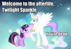 Size: 872x611 | Tagged: safe, edit, edited screencap, screencap, princess celestia, twilight sparkle, unicorn twilight, alicorn, pony, unicorn, magical mystery cure, afterlife, duo, ethereal mane, female, image macro, mare, princess celestia's special princess making dimension, q, reference, star trek, star trek: the next generation, void, welcome to the afterlife