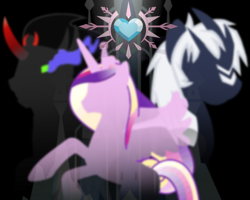 Size: 1000x800 | Tagged: safe, king sombra, princess cadance, alicorn, kaiju pony, pony, tricorn, unicorn, fanfic:the bridge, cover art, crossover, crystal empire, crystal heart, female, godzilla (series), let's get ready to rumble, male, mare, ponified, spacegodzilla, stallion, xenilla