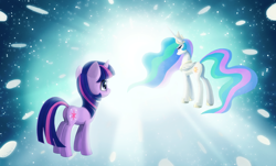 Size: 2800x1692 | Tagged: safe, artist:adailey, princess celestia, twilight sparkle, unicorn twilight, alicorn, pony, unicorn, duo, ethereal mane, female, mare, princess celestia's special princess making dimension, void