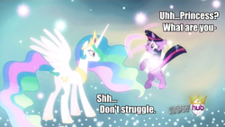 Size: 955x537 | Tagged: safe, edit, edited screencap, screencap, princess celestia, twilight sparkle, unicorn twilight, alicorn, pony, unicorn, magical mystery cure, duo, ethereal mane, female, hub logo, image macro, magic, mare, princess celestia's special princess making dimension, void