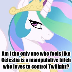 Size: 640x640 | Tagged: safe, princess celestia, twilight sparkle, twilight sparkle (alicorn), alicorn, pony, magical mystery cure, alicorn drama, female, mare, meta, trollestia, vulgar