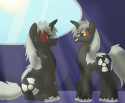 Size: 1021x837 | Tagged: safe, artist:faith-wolff, kaiju pony, pony, unicorn, fanfic:the bridge, changelingified, colored sclera, crooked horn, disguise, disguised changeling, female, godzilla (series), godzilla junior, male, mare, mothra, mothra lea, ponified, red sclera, stallion, story included, transformation