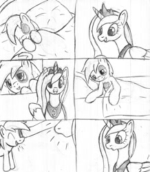 Size: 696x800 | Tagged: safe, artist:tg-0, pipsqueak, princess luna, alicorn, earth pony, pony, bed, colt, comic, female, lunapip, male, mare, monochrome, no dialogue, shipping, straight