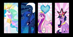 Size: 1024x520 | Tagged: safe, artist:lilmandarin, princess cadance, princess celestia, princess luna, twilight sparkle, twilight sparkle (alicorn), alicorn, pony, magical mystery cure, alicorn tetrarchy, crystal heart, elements of harmony, female, mare, panel