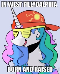 Size: 489x600 | Tagged: safe, princess celestia, alicorn, pony, backwards ballcap, fillydelphia, hat, image macro, shutter shades, the fresh prince of bel-air