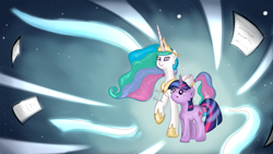 Size: 1920x1080 | Tagged: safe, artist:blastdown, princess celestia, twilight sparkle, unicorn twilight, alicorn, pony, unicorn, magical mystery cure, duo, ethereal mane, female, mare, princess celestia's special princess making dimension, void