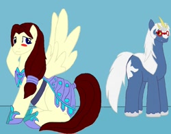 Size: 1012x789 | Tagged: safe, artist:zeroviks, oc, oc:blade dancer, kaiju pony, pegasus, pony, tricorn, fanfic:the bridge, bladenilla, blue background, blushing, crossover, duo, female, glasses, godzilla (series), male, mare, ponified, shipping, simple background, spacegodzilla, stallion, xenilla