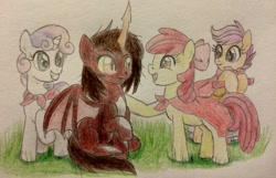 Size: 800x515 | Tagged: safe, artist:fallenangel5414, apple bloom, scootaloo, sweetie belle, kaiju pony, fanfic:the bridge, crossover, cutie mark crusaders, destoroyah, destoroyah (female), filly, godzilla (series), traditional art