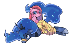 Size: 1705x1065 | Tagged: safe, artist:suikuzu, pinkie pie, princess luna, alicorn, earth pony, pony, bondage, bound, duo, female, lunapie, mare, pinkamena diane pie, simple background