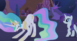 Size: 678x361 | Tagged: safe, screencap, princess celestia, rarity, alicorn, pony, unicorn, magical mystery cure, bend over, bowing, night, out of context, presenting