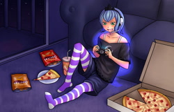 Size: 1280x828 | Tagged: safe, artist:ninjaham, princess luna, human, 2010s, 2012, blue hair, clothes, confident, crown, female, food, gamer girl, gamer luna, glowing hair, headphones, headset, headset mic, humanized, jewelry, meat, missing shoes, night, pepperoni, pepperoni pizza, pizza, pizza box, pizza pie, plate, playstation portable, porch, psp, regalia, s1 luna, shirt, shorts, sitting, slice of pizza, smiling, socks, sofa, starry hair, stockings, striped socks, thigh highs, tomboy