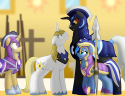 Size: 1024x784 | Tagged: safe, artist:faith-wolff, prince blueblood, oc, oc:blueberry frost, kaiju pony, pony, unicorn, fanfic:the bridge, armor, captain of royal guards armor, colored sclera, crooked horn, crossover, female, godzilla, godzilla (series), godzilla junior, guard, humor, lance, male, mare, night guard, red sclera, royal guard, size difference, spear, stallion, weapon