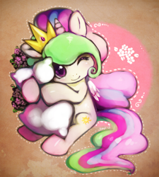 Size: 500x556 | Tagged: safe, artist:jiayi, princess celestia, alicorn, pony, cewestia, cute, cutelestia, filly, flower, hug, looking at you, pillow, sitting, smiling, wink