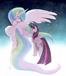 Size: 600x685 | Tagged: dead source, safe, artist:rollingrabbit, princess celestia, twilight sparkle, unicorn twilight, alicorn, pony, unicorn, magical mystery cure, ascension, duo, ethereal mane, female, mare, princess celestia's special princess making dimension, scene interpretation, void, wings