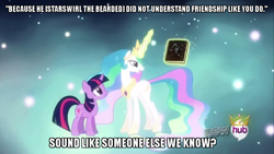 Size: 854x480 | Tagged: safe, edit, edited screencap, screencap, princess celestia, star swirl the bearded, twilight sparkle, unicorn twilight, alicorn, pony, unicorn, magical mystery cure, all new, ascension, book, caption, discord is star swirl, duo, ethereal mane, female, hub logo, image macro, magic, mare, princess celestia's special princess making dimension, quote, telekinesis, text, void