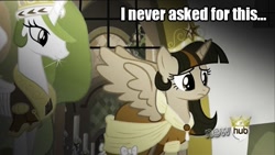 Size: 640x360 | Tagged: safe, edit, edited screencap, screencap, princess celestia, twilight sparkle, twilight sparkle (alicorn), alicorn, pony, magical mystery cure, clothes, coronation dress, crown, deus ex, dress, duo, female, hub logo, i never asked for this, image macro, jewelry, mare, mouthpiece, regalia, sad