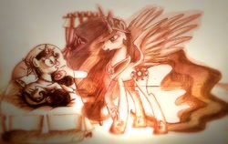 Size: 900x568 | Tagged: safe, artist:peachpalette, princess celestia, oc, oc:artsy dreamscapes, alicorn, pony, bed, bedroom, pencil drawing, princess, roleplay, rp, sepia, shifted, shocked, sketch, traditional art