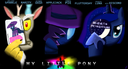 Size: 2580x1400 | Tagged: safe, artist:paradigm pizza, discord, mare do well, princess luna, alicorn, pony, crossover, female, mare, poster, the dark knight