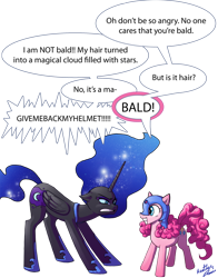 Size: 640x815 | Tagged: safe, artist:tavisharts, nightmare moon, pinkie pie, princess luna, alicorn, earth pony, pony, accessory theft, angry, bald, cute, dialogue, diapinkes, duo, eye contact, female, floppy ears, frown, glare, grin, gritted teeth, happy, helmet, looking at each other, mare, missing accessory, moonabetes, pinkie being pinkie, simple background, smiling, squee, teasing, transparent background