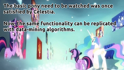 Size: 1920x1080 | Tagged: safe, edit, edited screencap, screencap, pinkie pie, princess celestia, twilight sparkle, unicorn twilight, alicorn, pony, unicorn, magical mystery cure, deus ex, duo, ethereal mane, female, mare, princess celestia's special princess making dimension, quote, void