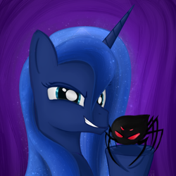 Size: 1000x1000 | Tagged: safe, artist:cheshiresdesires, princess luna, alicorn, pony, spider, luna eclipsed, female, grin, looking at you, mare, smiling