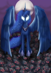 Size: 2480x3508 | Tagged: safe, artist:enigmaticelocution, princess luna, alicorn, pony, spider, luna eclipsed, female, glowing eyes, high res, mare, moon, solo