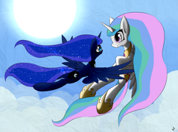 Size: 4113x3046 | Tagged: safe, artist:queenbloodysky, princess celestia, princess luna, alicorn, pony, crown, female, flying, horn, jewelry, mare, regalia, siblings, sisters