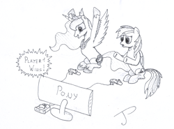 Size: 2437x1805 | Tagged: safe, artist:jhyrachy, princess luna, rainbow dash, alicorn, pegasus, pony, duo, female, gamer luna, gamer rd, mare, monochrome, nintendo 64, retrogaming, sitting