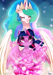 Size: 600x842 | Tagged: safe, artist:suikuzu, princess celestia, twilight sparkle, twilight sparkle (alicorn), alicorn, pony, female, mare