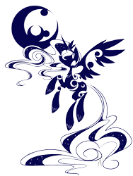 Size: 1200x1600 | Tagged: safe, artist:bamboodog, princess luna, alicorn, pony, female, flying, hooves, horn, mare, minimalist, modern art, moon, simple background, solo, spread wings, transparent background, wings