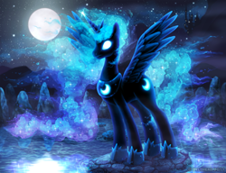 Size: 1000x769 | Tagged: safe, artist:delthero, nightmare moon, princess luna, alicorn, pony, canterlot, crown, ethereal mane, female, glow, glowing cutie mark, glowing eyes, hoof shoes, jewelry, mare, moon, night, peytral, regalia, solo, spread wings, standing, stars, water, wings
