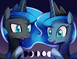 Size: 1000x772 | Tagged: safe, artist:negativefox, nightmare moon, princess luna, alicorn, pony, blushing, bust, female, horn, lunar phases, mare, open mouth, portrait, smiling, tsundere moon