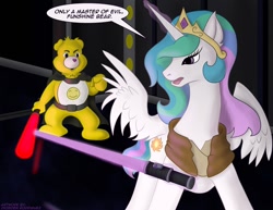 Size: 1000x773 | Tagged: safe, artist:digoraccoon, princess celestia, alicorn, pony, care bears, crossover, funshine bear, lightsaber, parody, star wars