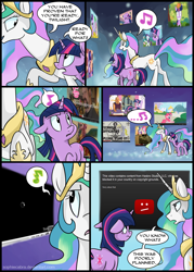 Size: 714x1000 | Tagged: safe, artist:spainfischer, princess celestia, twilight sparkle, unicorn twilight, alicorn, pony, unicorn, magical mystery cure, buffering, comic, copyright, duo, ethereal mane, female, hasbro, loading, mare, music notes, princess celestia's special princess making dimension, singing, void, youtube