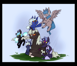 Size: 5000x4300 | Tagged: safe, artist:kyuuno-chan, oc, oc:kiyari, kaiju pony, pony, unicorn, fanfic:the bridge, absurd resolution, children, cloven hooves, colored hooves, colored sclera, crooked horn, crossover, father and child, godzilla, godzilla (series), godzilla junior, lunazilla, male, offspring, parent and child, parent:godzilla junior, parent:princess luna, parents:lunazilla, ponified, red sclera, stallion