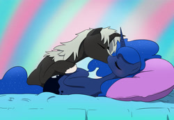 Size: 3669x2520 | Tagged: safe, artist:doublewbrothers, princess luna, alicorn, kaiju pony, pony, bed, crossover, crossover shipping, godzilla, godzilla (series), godzilla junior, kissing, lunazilla, male, ponified, shipping, straight