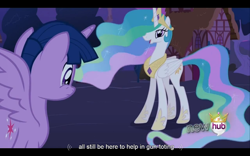 Size: 1024x640 | Tagged: safe, screencap, princess celestia, twilight sparkle, twilight sparkle (alicorn), alicorn, pony, magical mystery cure, female, mare, youtube caption