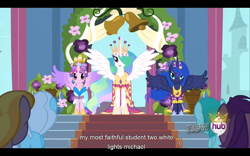 Size: 1024x640 | Tagged: safe, screencap, amethyst star, cloud kicker, linky, princess cadance, princess celestia, princess luna, shoeshine, sparkler, spring melody, sprinkle medley, alicorn, pony, magical mystery cure, close enough, twilight alias, youtube caption