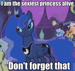 Size: 470x445 | Tagged: safe, edit, edited screencap, screencap, carrot top, golden harvest, minuette, princess luna, alicorn, earth pony, pony, unicorn, luna eclipsed, arrogant, crown, cutie mark, ethereal mane, eyeshadow, female, flowing mane, folded wings, humor, image macro, jewelry, lidded eyes, makeup, mare, meme, night, princess of the night, regalia, sexiest pony alive, wings