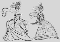 Size: 1092x763 | Tagged: safe, artist:egophiliac, princess celestia, princess luna, clothes, coronation dress, dress, humanized, monochrome, sketch, skinny