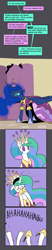 Size: 800x3850 | Tagged: safe, artist:valcron, princess celestia, princess luna, alicorn, pony, big crown thingy, blushing, clothes, comic, coronation dress, crown, cute, cutelestia, dress, horseshoes, laughing, luna is not amused, misspelling, speech bubble, unamused