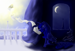 Size: 1200x817 | Tagged: safe, artist:grayma1k, princess luna, alicorn, pony, balcony, burning, canterlot, crescent moon, female, letter, mare, moon, sitting, solo, sun, writing