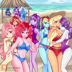 Size: 1280x1280 | Tagged: safe, artist:xjenn9, applejack, fluttershy, octavia melody, pinkie pie, rainbow dash, rarity, starlight glimmer, sunset shimmer, trixie, twilight sparkle, equestria girls, beach, clothes, female, lesbian, mane six, ocean, rarijack, shipping, swimsuit