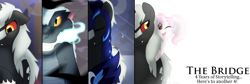 Size: 2150x720 | Tagged: safe, artist:faith-wolff, princess luna, oc, oc:mariner "chibi" moon, alicorn, kaiju, kaiju pony, pony, unicorn, fanfic:the bridge, anniversary, apprentice, armor, chibi-usa, colored sclera, crossover, female, filly, fire, foal, godzilla, godzilla (series), godzilla junior, guard armor, male, mentoring, night guard, one eye closed, red sclera, sailor moon, shipping, smiling, stallion, transformation