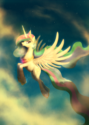 Size: 706x1000 | Tagged: safe, artist:volvolvox, princess celestia, alicorn, pony, female, flying, horn, mare, multicolored mane, solo, white coat