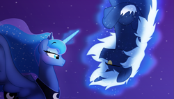 Size: 1499x860 | Tagged: safe, artist:faith-wolff, princess luna, alicorn, kaiju pony, pony, unicorn, fanfic:the bridge, duo, ethereal mane, female, flying, godzilla (series), godzilla junior, lunazilla, magic, male, mare, night, ponified, shipping, silly, stallion, starry mane, telekinesis, unamused, upside down